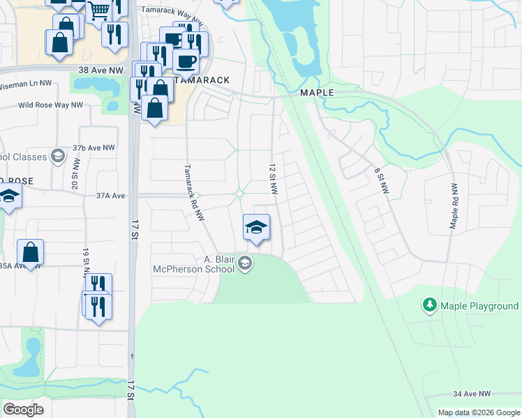 map of restaurants, bars, coffee shops, grocery stores, and more near 3655 13 Street Northwest in Edmonton
