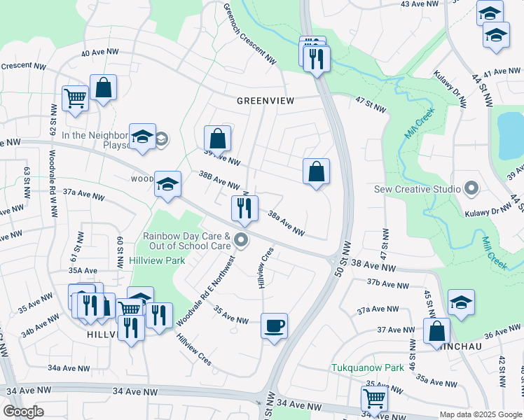 map of restaurants, bars, coffee shops, grocery stores, and more near 5418 38A Avenue Northwest in Edmonton