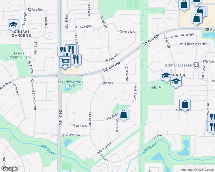map of restaurants, bars, coffee shops, grocery stores, and more near 3752 30 Street Northwest in Edmonton