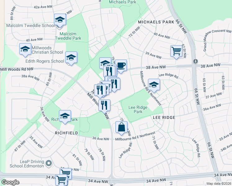 map of restaurants, bars, coffee shops, grocery stores, and more near 140 38 Avenue Northwest in Edmonton