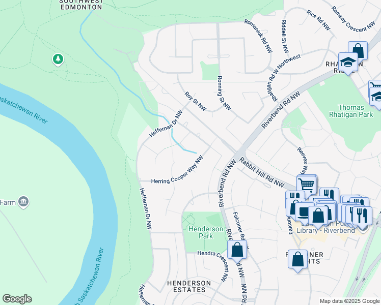 map of restaurants, bars, coffee shops, grocery stores, and more near 1017 Heavener Bay Northwest in Edmonton