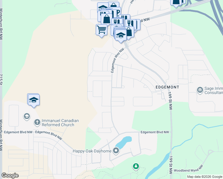 map of restaurants, bars, coffee shops, grocery stores, and more near Edgemont Way Northwest in Edmonton