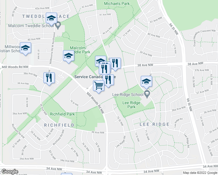 map of restaurants, bars, coffee shops, grocery stores, and more near 7609 38 Avenue Northwest in Edmonton