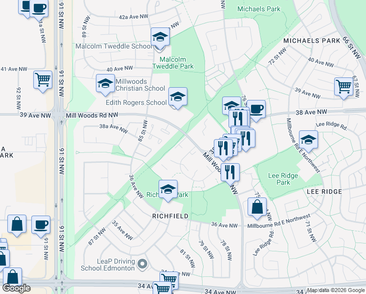 map of restaurants, bars, coffee shops, grocery stores, and more near 3840 Mill Woods Road Northwest in Edmonton