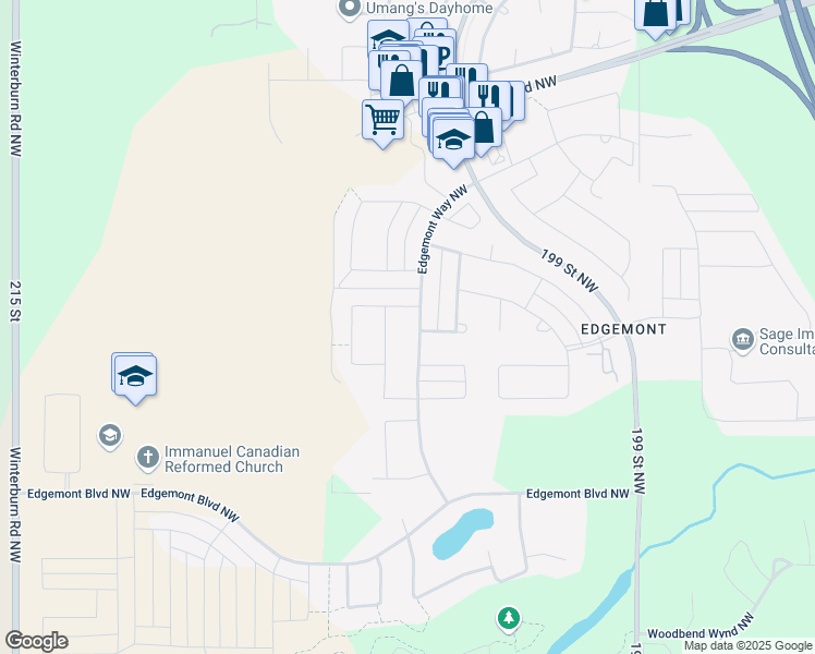 map of restaurants, bars, coffee shops, grocery stores, and more near 7266 Edgemont Way Northwest in Edmonton