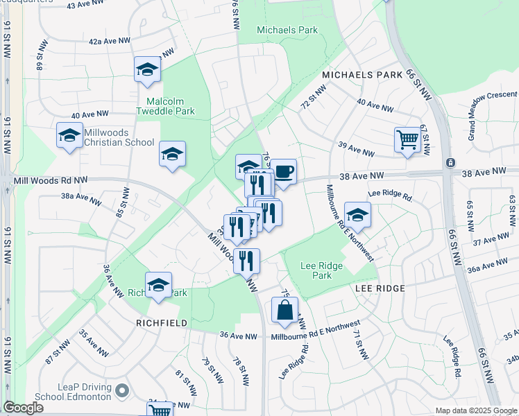 map of restaurants, bars, coffee shops, grocery stores, and more near 7609 38 Avenue Northwest in Edmonton