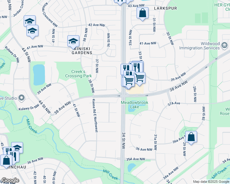 map of restaurants, bars, coffee shops, grocery stores, and more near 3515 38A Avenue Northwest in Edmonton