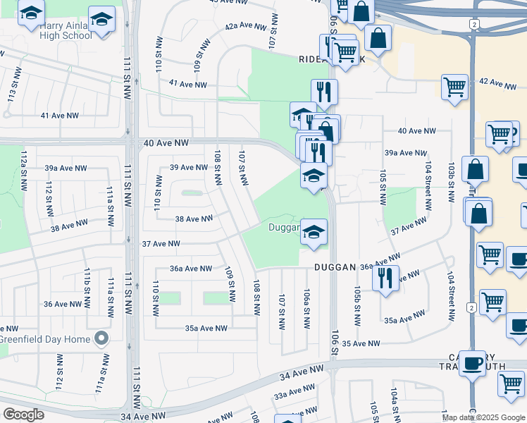 map of restaurants, bars, coffee shops, grocery stores, and more near 3703 107 Street Northwest in Edmonton