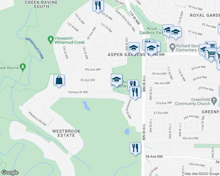 map of restaurants, bars, coffee shops, grocery stores, and more near 3804 121 Street Northwest in Edmonton