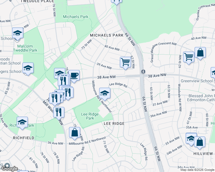 map of restaurants, bars, coffee shops, grocery stores, and more near 888 Lee Ridge Road in Edmonton