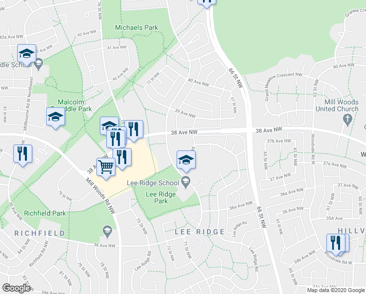 map of restaurants, bars, coffee shops, grocery stores, and more near 888 Lee Ridge Road in Edmonton