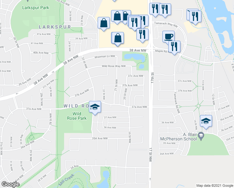 map of restaurants, bars, coffee shops, grocery stores, and more near 3753 21 Street Northwest in Edmonton