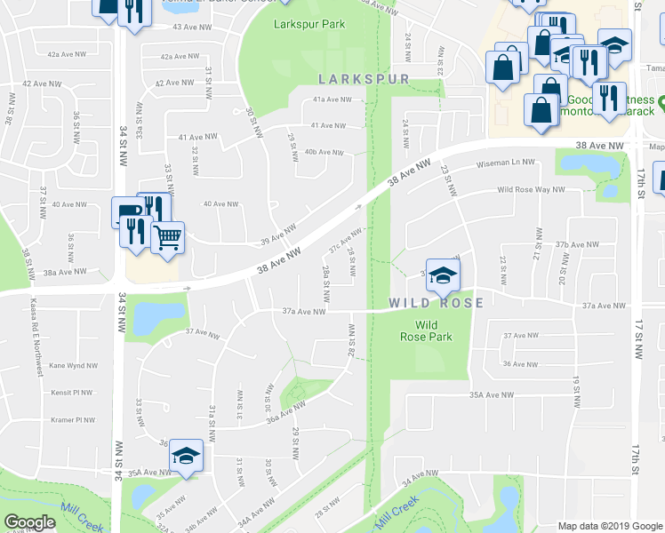 map of restaurants, bars, coffee shops, grocery stores, and more near 3741 28A Street Northwest in Edmonton
