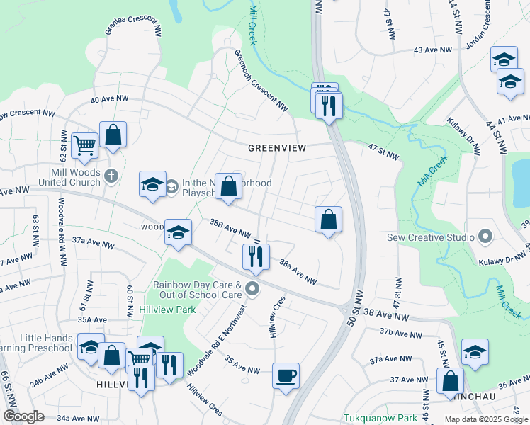 map of restaurants, bars, coffee shops, grocery stores, and more near 3903 55 Street Northwest in Edmonton