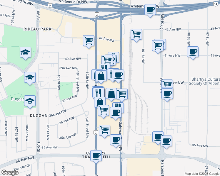 map of restaurants, bars, coffee shops, grocery stores, and more near 3803 Calgary Trail Northwest in Edmonton