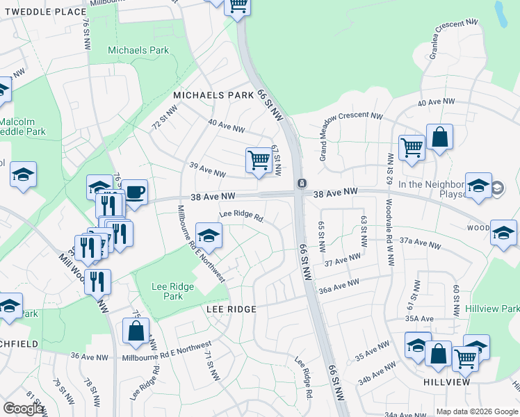 map of restaurants, bars, coffee shops, grocery stores, and more near 834 Lee Ridge Road Northwest in Edmonton