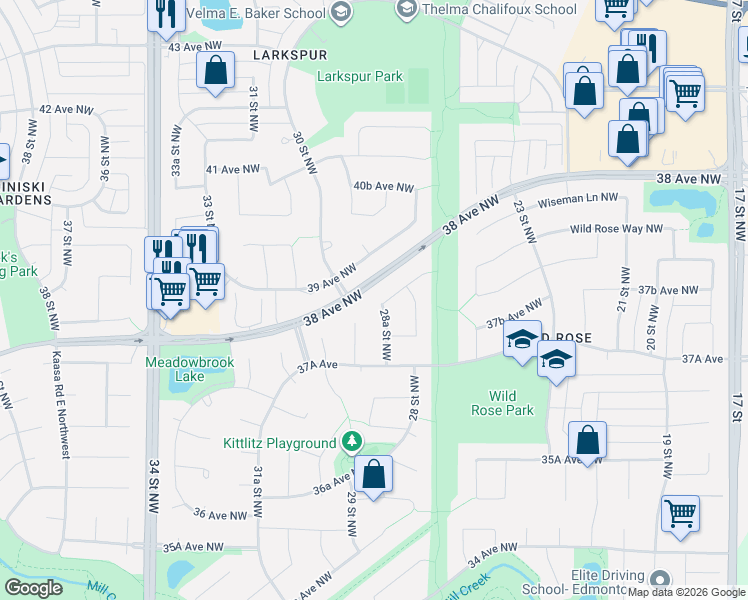 map of restaurants, bars, coffee shops, grocery stores, and more near 3741 28A Street Northwest in Edmonton