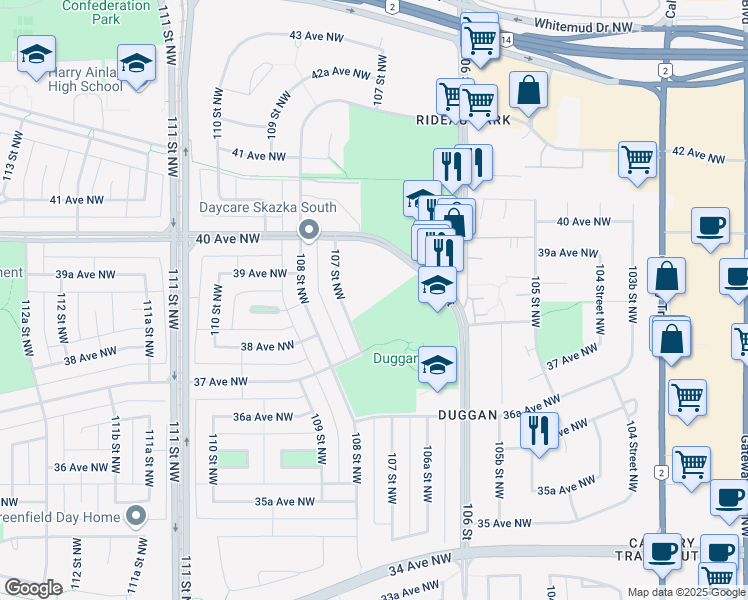 map of restaurants, bars, coffee shops, grocery stores, and more near 3703 107 Street Northwest in Edmonton