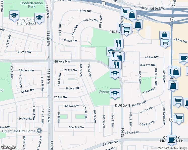 map of restaurants, bars, coffee shops, grocery stores, and more near 3815 107 Street Northwest in Edmonton
