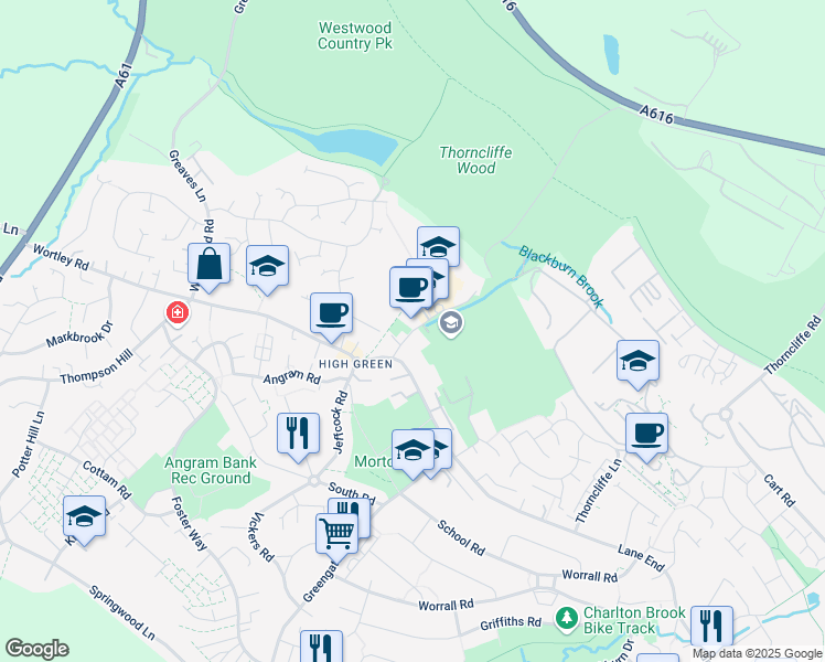 map of restaurants, bars, coffee shops, grocery stores, and more near Pack Horse Lane in South Yorkshire