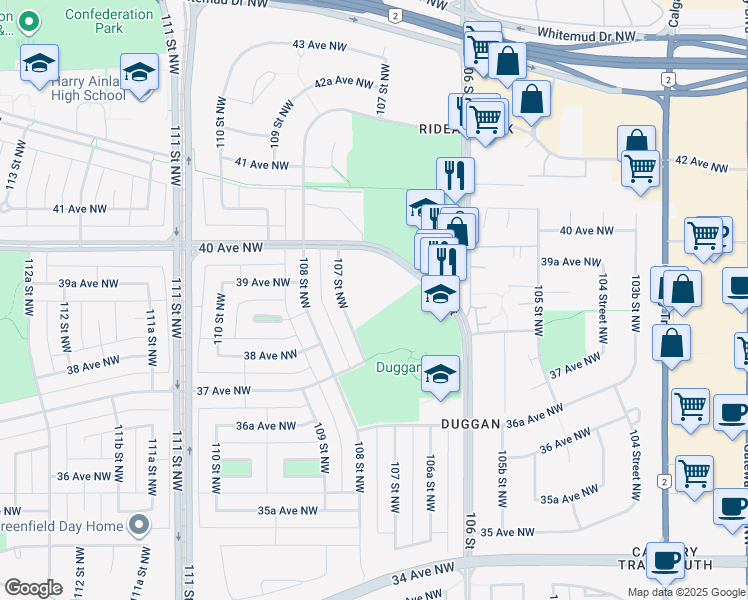 map of restaurants, bars, coffee shops, grocery stores, and more near 10615 40 Avenue Northwest in Edmonton