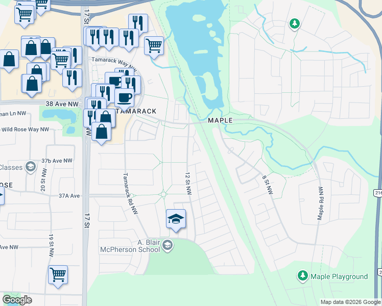 map of restaurants, bars, coffee shops, grocery stores, and more near 3751 12 Street Northwest in Edmonton