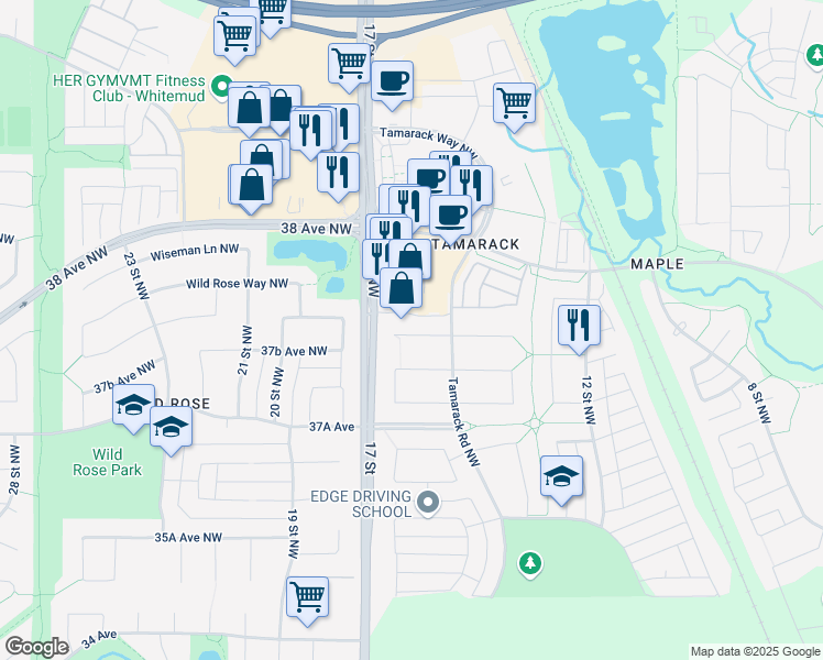 map of restaurants, bars, coffee shops, grocery stores, and more near 1556 37C Avenue Northwest in Edmonton