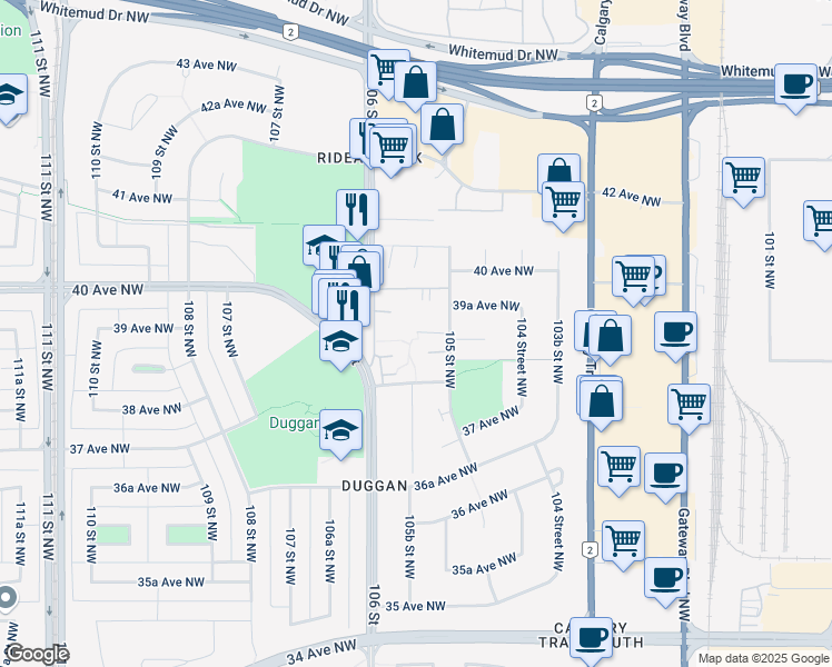 map of restaurants, bars, coffee shops, grocery stores, and more near 3830 105 Street in Edmonton