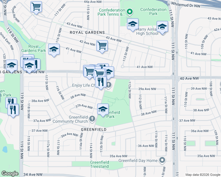 map of restaurants, bars, coffee shops, grocery stores, and more near 3935 114 Street Northwest in Edmonton