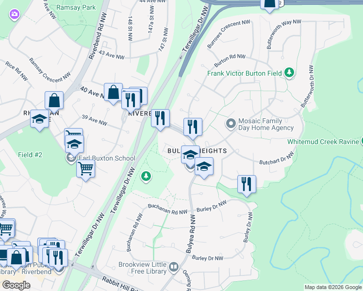 map of restaurants, bars, coffee shops, grocery stores, and more near 344 Bulyea Road Northwest in Edmonton