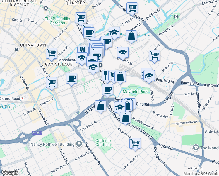 map of restaurants, bars, coffee shops, grocery stores, and more near Berry Street in Greater Manchester
