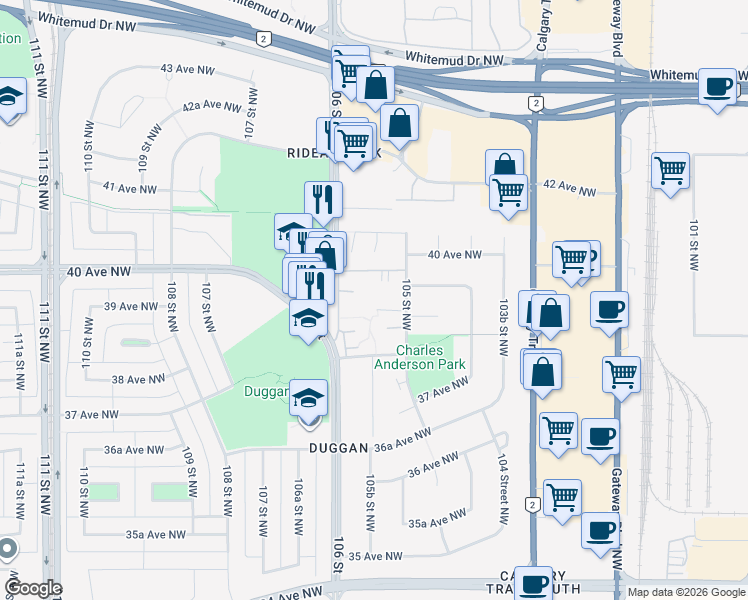 map of restaurants, bars, coffee shops, grocery stores, and more near 3830 105 Street Northwest in Edmonton