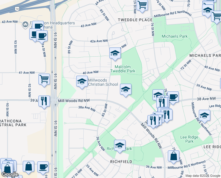 map of restaurants, bars, coffee shops, grocery stores, and more near 2376 Millbourne Road West Northwest in Edmonton