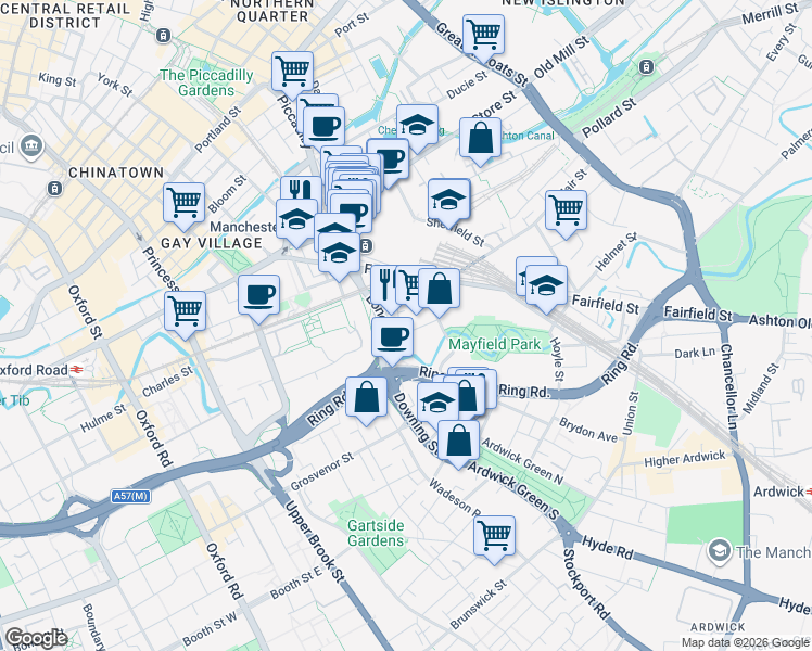 map of restaurants, bars, coffee shops, grocery stores, and more near Berry Street in Greater Manchester