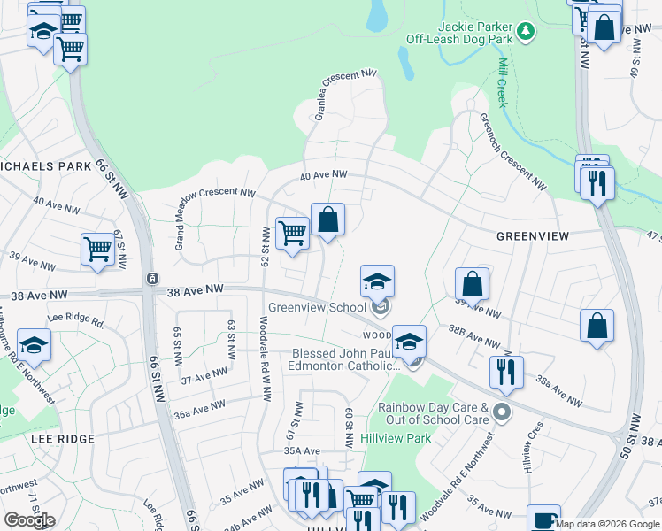map of restaurants, bars, coffee shops, grocery stores, and more near 31 Grand Meadow Crescent Northwest in Edmonton