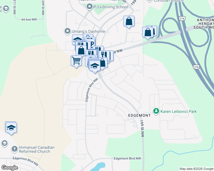 map of restaurants, bars, coffee shops, grocery stores, and more near 1777 Erker Way Northwest in Edmonton