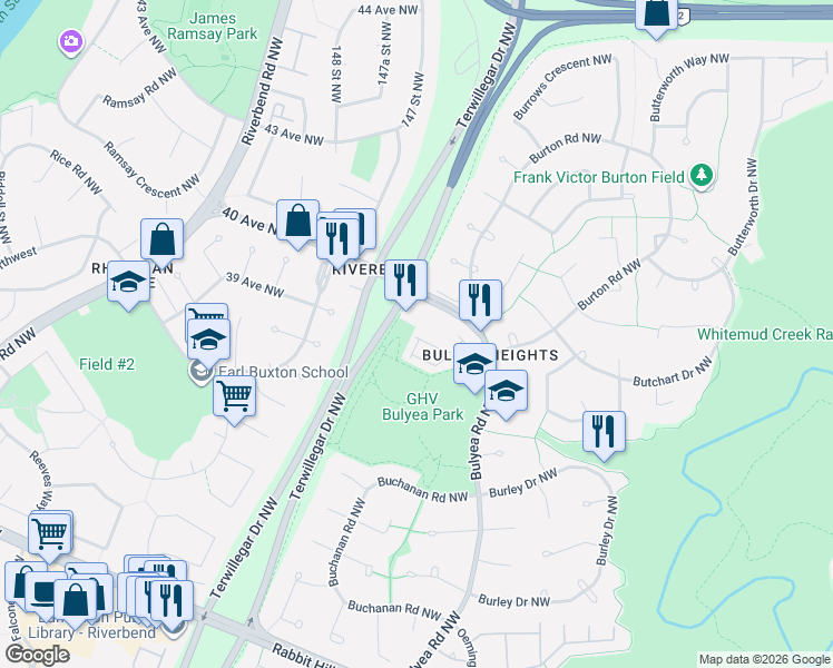 map of restaurants, bars, coffee shops, grocery stores, and more near 364 Bulyea Road Northwest in Edmonton