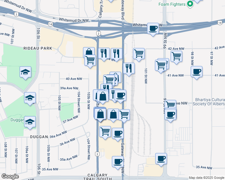 map of restaurants, bars, coffee shops, grocery stores, and more near 3955 Calgary Trail Northwest in Edmonton