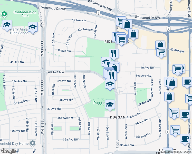 map of restaurants, bars, coffee shops, grocery stores, and more near 10615 40 Avenue Northwest in Edmonton