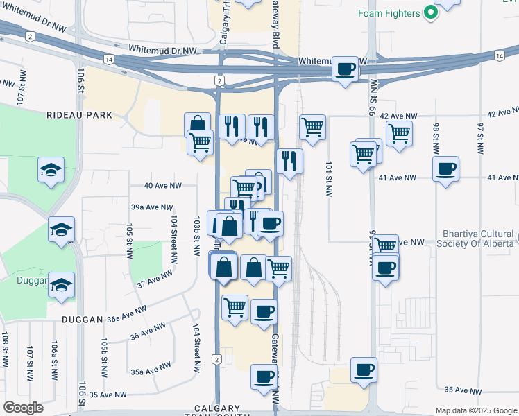 map of restaurants, bars, coffee shops, grocery stores, and more near 3955 Calgary Trail Northwest in Edmonton