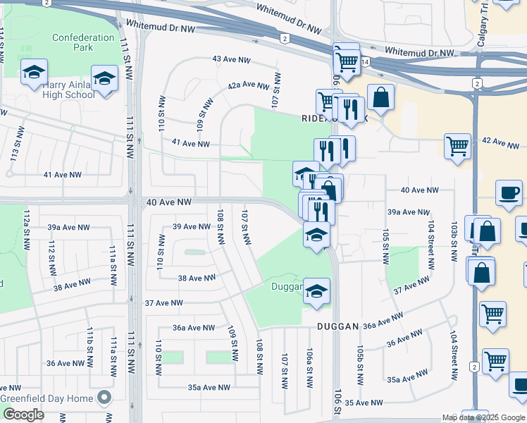 map of restaurants, bars, coffee shops, grocery stores, and more near 10615 40 Avenue Northwest in Edmonton