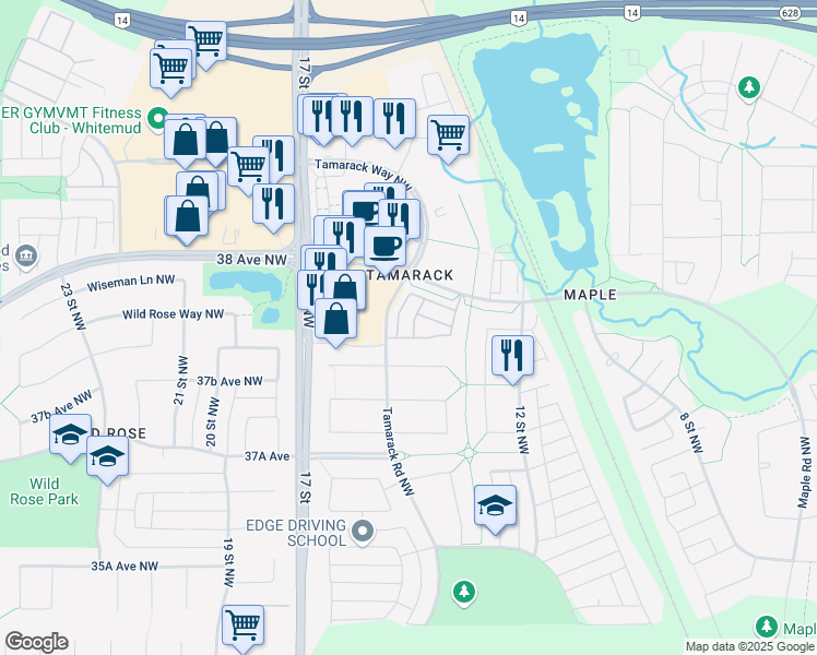 map of restaurants, bars, coffee shops, grocery stores, and more near 655 Tamarack Road Northwest in Edmonton