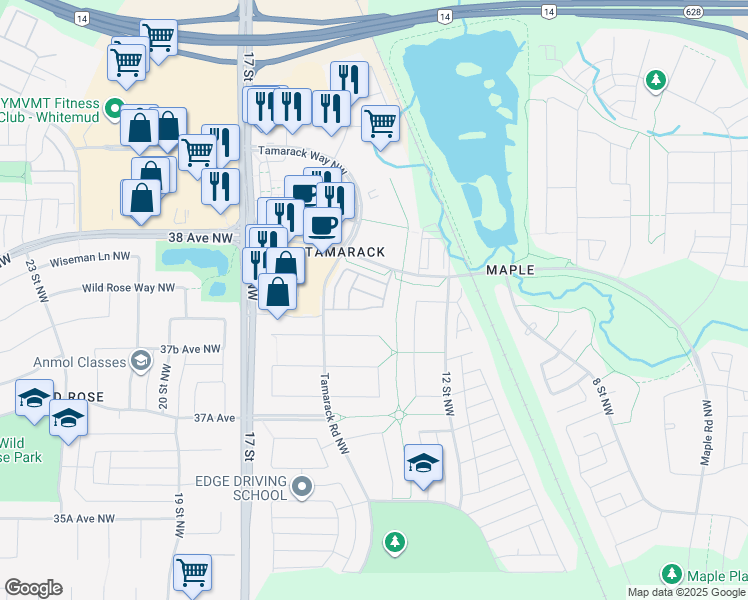 map of restaurants, bars, coffee shops, grocery stores, and more near 655 Tamarack Road Northwest in Edmonton