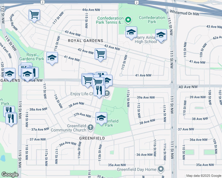 map of restaurants, bars, coffee shops, grocery stores, and more near 3955 114 Street Northwest in Edmonton