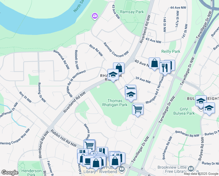 map of restaurants, bars, coffee shops, grocery stores, and more near 490 Rhatigan Road East Northwest in Edmonton