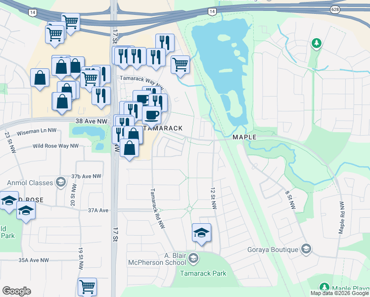 map of restaurants, bars, coffee shops, grocery stores, and more near 3760 13 Street Northwest in Edmonton