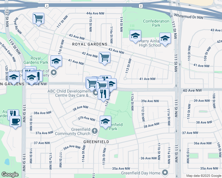 map of restaurants, bars, coffee shops, grocery stores, and more near 3955 114 Street in Edmonton