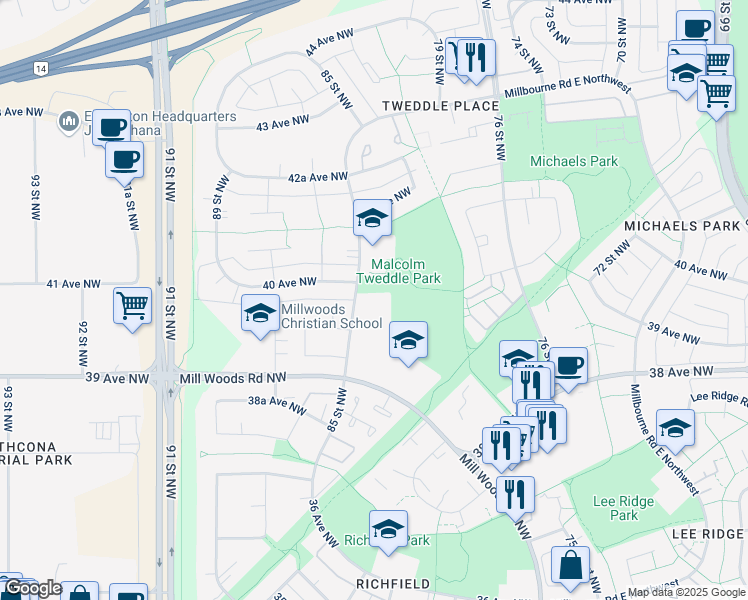 map of restaurants, bars, coffee shops, grocery stores, and more near 2360 Millbourne Road West Northwest in Edmonton