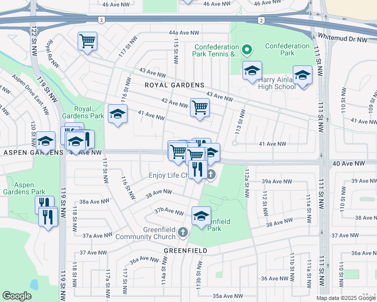 map of restaurants, bars, coffee shops, grocery stores, and more near 11430 40 Avenue Northwest in Edmonton