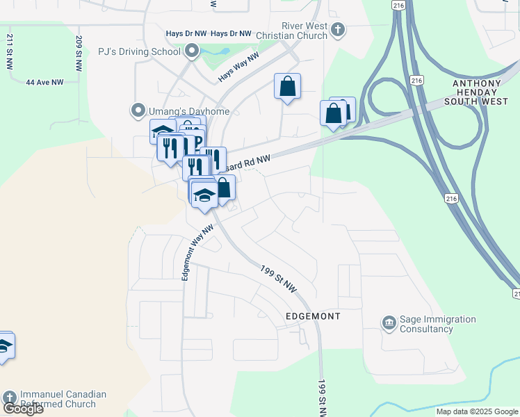 map of restaurants, bars, coffee shops, grocery stores, and more near 1809 Erker Way Northwest in Edmonton